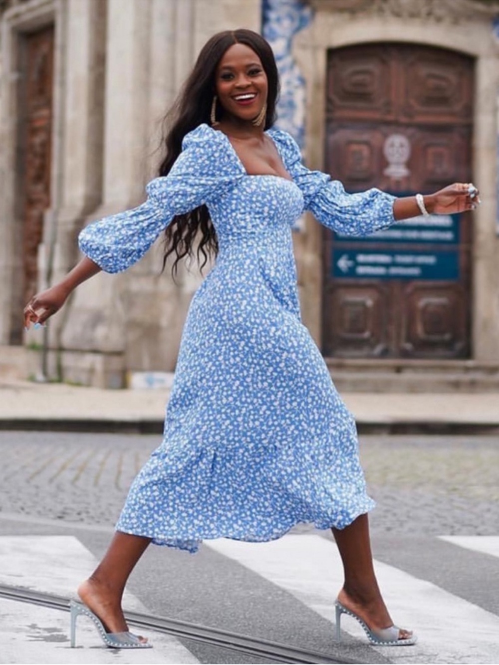 Reformation Mica ES Floral Marie Square Neck Midi Dress Blue Size 12 - Picture 6 of 14